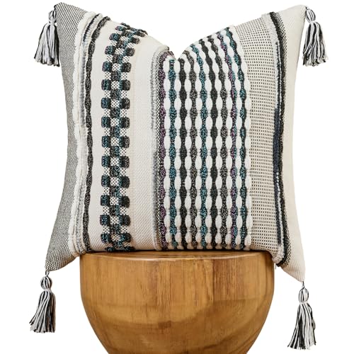 Chenille Striped Textured Boho Throw Pillow Covers Aesthetic with Tassels Woven Decorative Pillow Case for Couch Bed Sofa Bedroom Modern Funky 18 x 18-Inch Black Multicolor - color: Black Multicolor, size: 18" x 18" (Pack of 1)