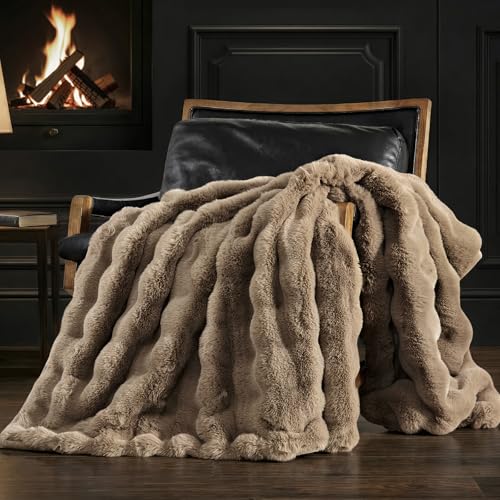 Faux Rabbit Fur Bubble Throw Blanket, 60"x80", Greige | Ultra Soft, Luxury Faux Rabbit Fur Throw, Thick Warm Bubble Blanket, Cozy Fluffy Reversible, for Bed, Couch, Chair, Sofa - color: Greige, size: 60"x80"