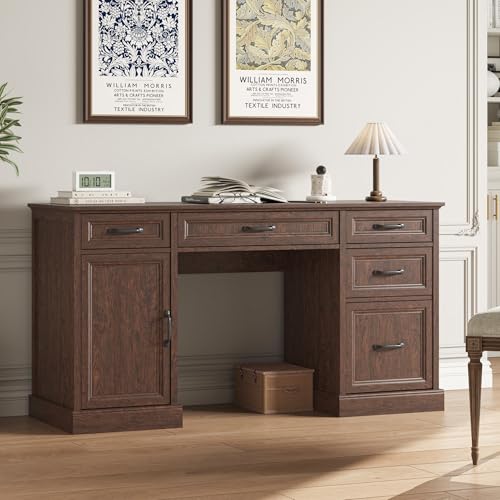 CARPETNAL 58'' Farmhouse Executive Desk with Drawers, Home Office Desk with File Drawer and Storage Cabinet, Rustic Computer Desk for Working, Studying, Writing, Brown - color: Brown