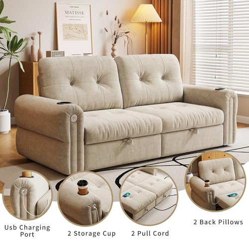 80.4" Queen Sleeper Sofa Bed, 3 in 1 Convertible Pull Out Couch with USB Ports & Cup Holders, Modern Chenille Loveseat Sofabed with Adjustable Backrest for Living Room, Bedroom, Apartment - color: Beige, style: Sofabed w/USB &Cup Holders