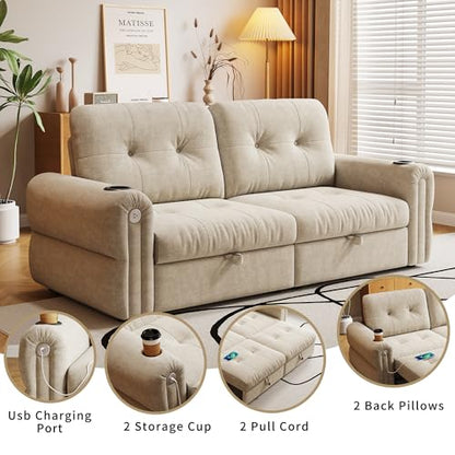 80.4" Queen Sleeper Sofa Bed, 3 in 1 Convertible Pull Out Couch with USB Ports & Cup Holders, Modern Chenille Loveseat Sofabed with Adjustable Backrest for Living Room, Bedroom, Apartment - color: Beige, style: Sofabed w/USB &Cup Holders