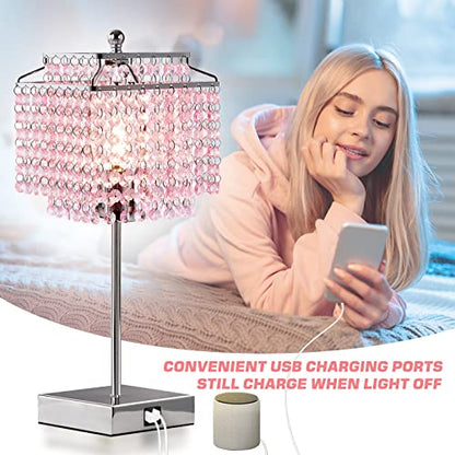 Luvkczc Crystal Touch Table Lamp, Bedside Lamp with USB C+A Ports, Pink Lamp, Dimmable Lamp with Crystal Shade, Nightstand Lamp for Girl Bedroom, Living Room, Bulb Included - color: Pink