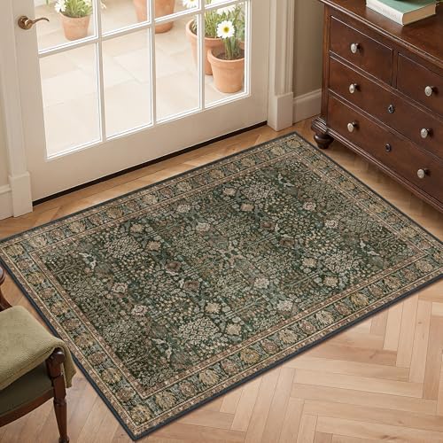 2x3 Washable Rug, Non Slip Entryway Mat, Dark Green Brown | Vintage Floral, Spill Resistant, Lightweight Low Pile Carpet for Kitchen, Hallway, Front Door and Bathroom - color: Dark Green Brown, size: 2' x 3' (Rectangular)