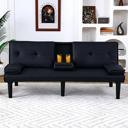 67" Futon Sofa Bed, Convertible Leather Futon Couch (Black) | Sleeper Bed Couches with Adjustable Backrest, Cup Holders, Comfy Folding Loveseat Couch for Small Spaces Living Room Office - color: Black