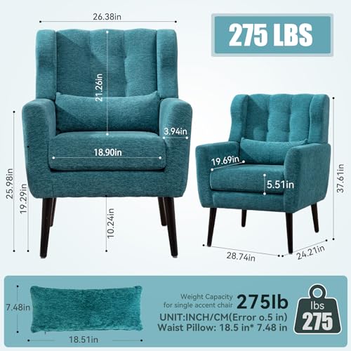 Accent Chair Set of 2, Upholstered Armchair with Pillow, Fabric Single Sofa Chair with Lounge Seat and Wood Legs Accent Chair for Living Room Small Spaces (Teal) - color: Teal, size: Set of 2