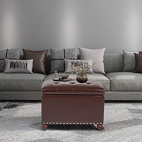 Adeco Button Tufted Accents Rectangular PU Leather Storage Bench Ottoman Footstool for Living Room Bedroom - color: Brown-new