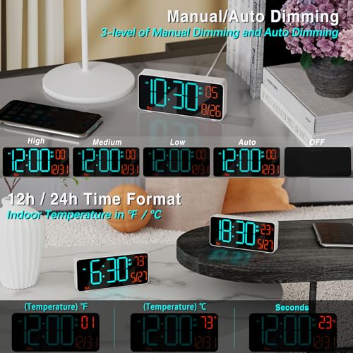 Small Digital Clock for Bedroom, 6.7in Desk Clock, Auto Dimming, Room Temperature, Day of The Week, Date, Seconds, Alarm Clocks for Bedrooms, Clocks for Living Room - color: White (Blue + Orange Digits)