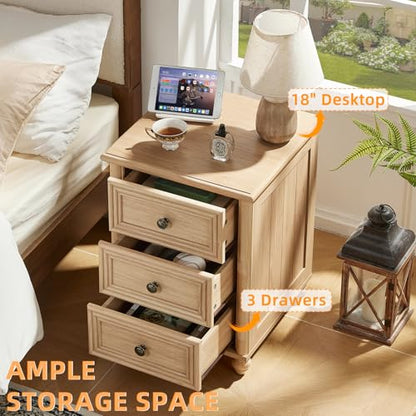 RWYHG 18" Night Stand with 3 Drawers, Farmhouse Modern Nightstand | Natural Bedside Table, Open Storage Shelf, Solid Wood Legs, Bed Side End Tables for Bedroom Living Room - color: Natural, style: 3 Drawers