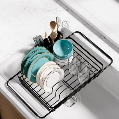 Sakugi Dish Drying Rack in Sink - Expandable Stainless Steel Dish Rack Over The Sink, Kitchen Sink Drain Strainer with Cutlery Holder & Cup Holders, 15.2 x 10.0 x 4.2 Inch, Black - color: Black, size: With Drainboard - 15.2" x 10" x 4.2"