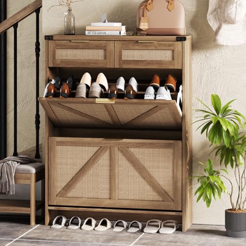 Halitaa Shoe Cabinet with 2 Flip Drawers & 2 Drawers,Farmhouse Shoe Storage Cabinet for Entryway,Slim Freestanding Narrow Organizer Rack for Front Door Entrance,Rustic Oak Rattan - color: Rustic Oak Rattan, style: 2-Drawers