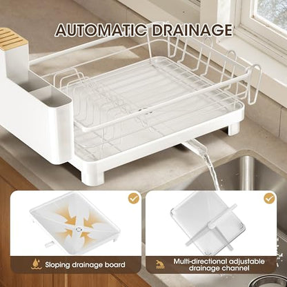 Runnatal Dish Drying Rack with Drainboard for Kitchen Counter and Sink | Large Dish Rack Rustproof Dish Drainer with Detachable 2-in-1 Utensil Holder, Extra Cup Holder, White - color: White, size: Standard