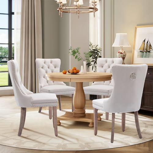 Velvet Upholstered Dining Chairs Set of 4, Modern Style Kitchen Side Chairs with Nailhead Trim and Wood Legs, Metal Pulling Ring for Dining Room Living Room, Beige - color: Beige, size: Set of 4