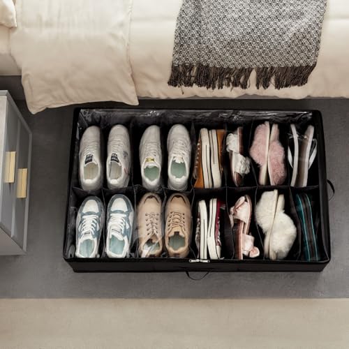 Lifewit Under Bed Shoe Storage Organizer 1 Pack(16 Shoes Cells+4 Boots Cells), 4.3 Inches Profile Fabric Shoes Container Box with Clear Cover, Foldable Storage Bag with 2 Handles, Fits 12 to 20 Pairs - style: 16 Shoes Cells+4 Boots Cells