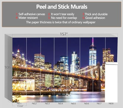 XMPMBM-Peel and Stick City Wallpaper new york City Night View wall Mural | Thick and tear-resistant,Will not be damaged during repositioning,Brooklyn Bridge at Night Bedroom wallpaper.XL-157"X108" - color: M02, size: 157"x108"