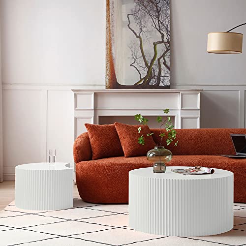 Nesting Coffee Table Set of 2, Modern Round Coffee Table End Table Set for Living Room, Wood Circle Drum Side Table,White - color: White