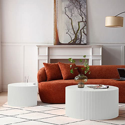 Nesting Coffee Table Set of 2, Modern Round Coffee Table End Table Set for Living Room, Wood Circle Drum Side Table,White - color: White