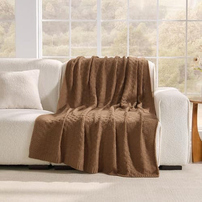 Light Brown Throw Blanket, Cute Checkerboard Knit, 60x80 Inches | Soft Cozy Lightweight Knit Blanket for Couch Bed, Warm Breathable Reversible Textured Oversized Knit Blanket, Caramel Brown - color: Check-light Brown, size: 60"x80"