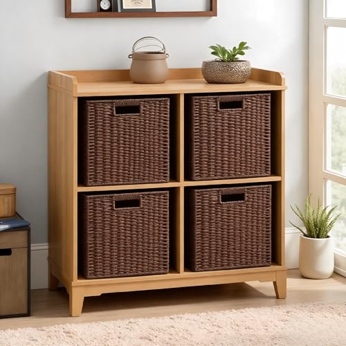 UBBCARE 2 Pack Wicker Basket, 11L×11H×10.5W inch Woven Paper Rope Storage Baskets for Shelves, Foldable Cube Storage bin with Handle, Storage Basket for Organizing & Decor, Brown - color: Dark Brown, size: Cube-2pack 11"×11"×10.5"