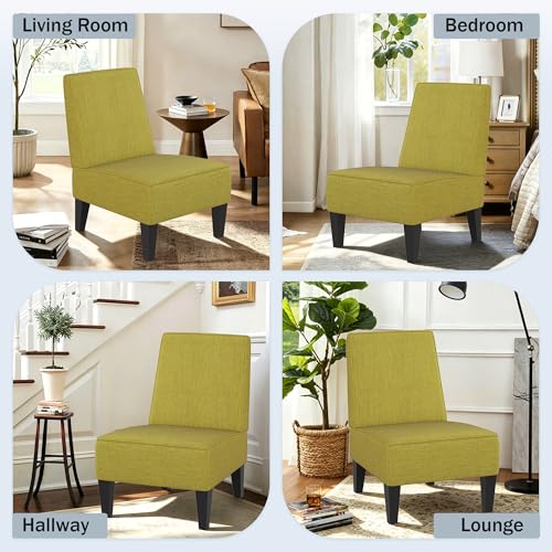 Armless Accent Chairs Set of 2, Green Upholstered Linen Slipper Chair with Solid Wood Legs, Mid Century Modern Side Chairs for Small Living Room Bedroom Apartment Reading Nook - color: Green
