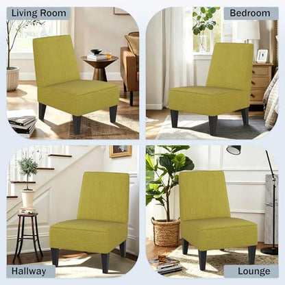 Armless Accent Chairs Set of 2, Green Upholstered Linen Slipper Chair with Solid Wood Legs, Mid Century Modern Side Chairs for Small Living Room Bedroom Apartment Reading Nook - color: Green