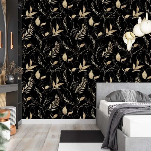 Dark Black and Gold Leaf Peel and Stick Wallpaper 17.7" x 354" | Self-adhesive removable waterproof leaf design for bedroom accent walls and renter friendly spaces - color: Black&Gold, size: 17.7" x 354"