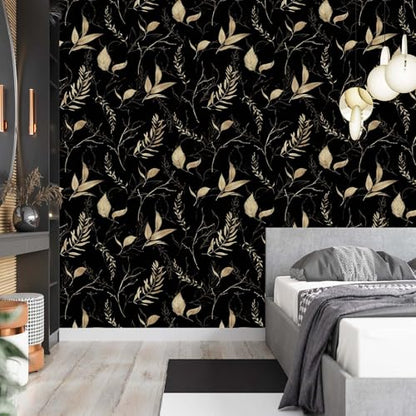 Dark Black and Gold Leaf Peel and Stick Wallpaper 17.7" x 354" | Self-adhesive removable waterproof leaf design for bedroom accent walls and renter friendly spaces - color: Black&Gold, size: 17.7" x 354"