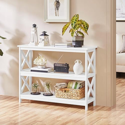Yaheetech 42"L White Console Table 3-Tier Narrow X-Frame Open Storage Shelf | Sofa Table for Entryway, Hallway and Living Room, Slim 14" Depth, Powder-Coated MDF, 88 lb Top Load, Easy Assembly - color: White