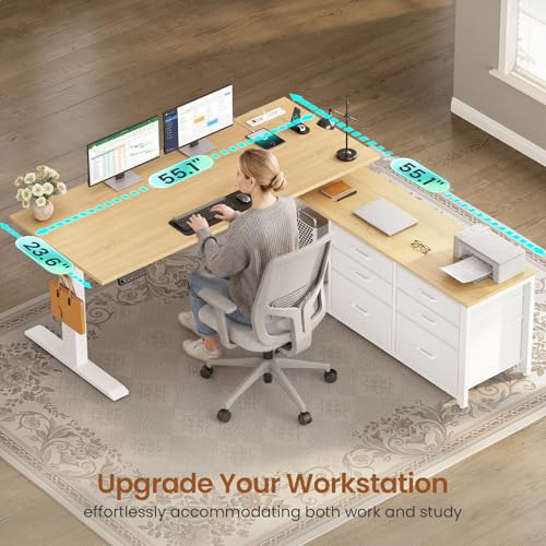 SEDETA L Shaped Electric Standing Desk, 55" x 55" Height Adjustable Office Executive Desk with 6 Fabric Drawers and Storage Shelves, Sit Stand Computer Desk with Power Outlet - color: Oak