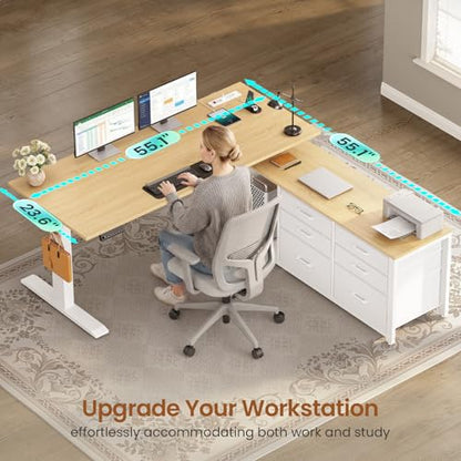 SEDETA L Shaped Electric Standing Desk, 55" x 55" Height Adjustable Office Executive Desk with 6 Fabric Drawers and Storage Shelves, Sit Stand Computer Desk with Power Outlet - color: Oak