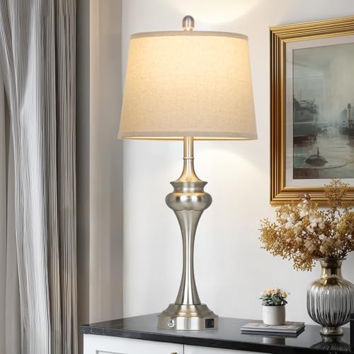 Rinweey 30 inch Silver Table Lamp Single, 3 Way Touch Control Bedside Lamp with USB A+C Ports, Modern Brushed Nickel Bedroom Lamps for Nightstand, Tall Metal Living Room Lamps for Side Table Office - color: Silver-30"H-1PK
