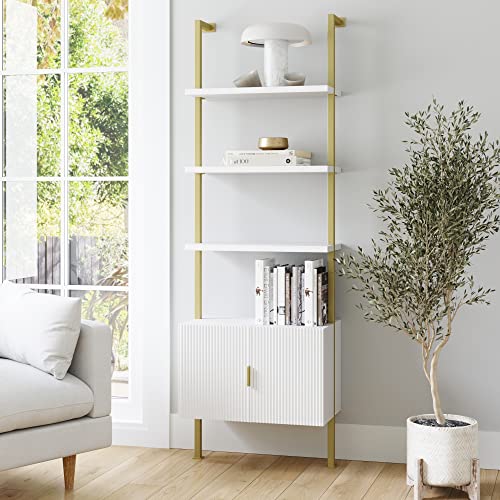 Nathan James Theo Mid-Century Modern Bookcase with Cabinet Fluted Texture, White Open Shelves and Brass Metal Frame Living Room, Home Office Storage - color: Theo White/Gold, size: 1
