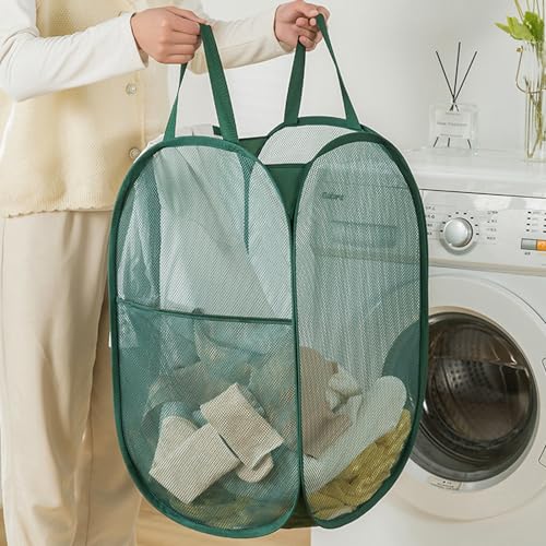Pop Up Laundry Hamper Thick Mesh Collapsible Laundry Baskets, Large Side Pocket, Strong Handles, Travel Friendly for Cruise, RV (Green+Pink) - color: Green+Pink