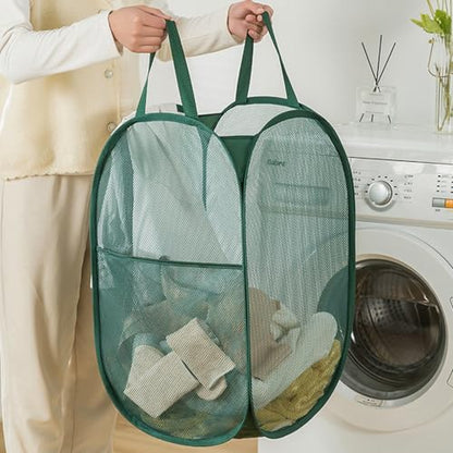 Pop Up Laundry Hamper Thick Mesh Collapsible Laundry Baskets, Large Side Pocket, Strong Handles, Travel Friendly for Cruise, RV (Green+Pink) - color: Green+Pink