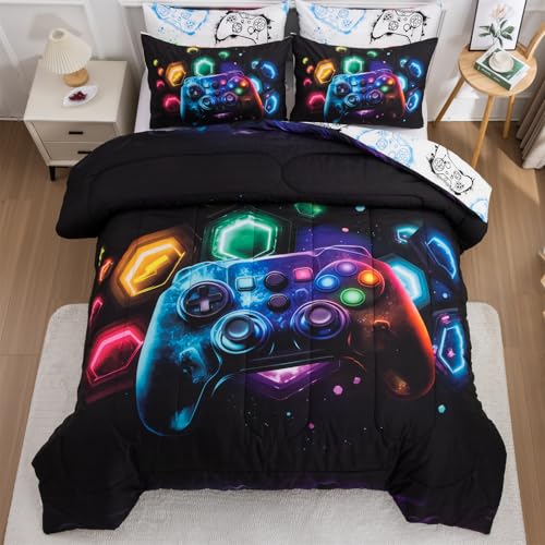 Aimuan Gamer Gaming Bedding Sets 3D Gamepad Comforter Sets for Boys Games Console Action Buttons Novelty Colorful Game Controller Modern Room Decor Home Quilt Set (Black-Multi, Full 3PCS) - color: Black-multi, size: Full