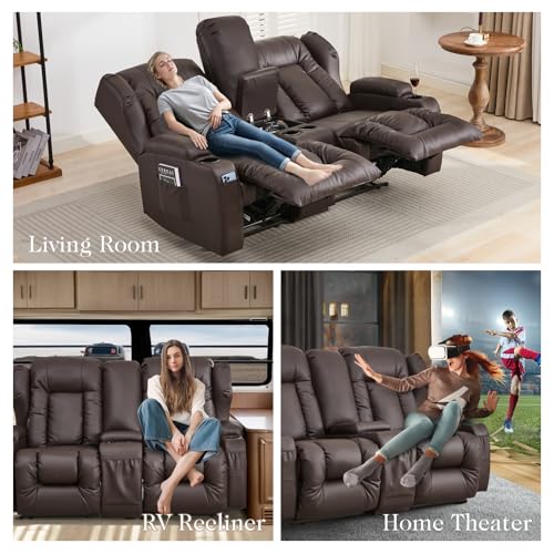 Loveseat Recliner Sofa,RV Wall Hugger Recliners with Console,Reclining Loveseat Sofa Recliner with Cup Holders/Lumbar Pillows for Small Spaces,RV Furniture (Brown,66" 2-Seater) - color: Brown, size: 66" 2-Seater