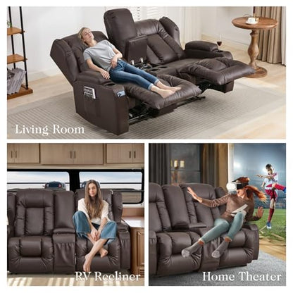 Loveseat Recliner Sofa,RV Wall Hugger Recliners with Console,Reclining Loveseat Sofa Recliner with Cup Holders/Lumbar Pillows for Small Spaces,RV Furniture (Brown,66" 2-Seater) - color: Brown, size: 66" 2-Seater