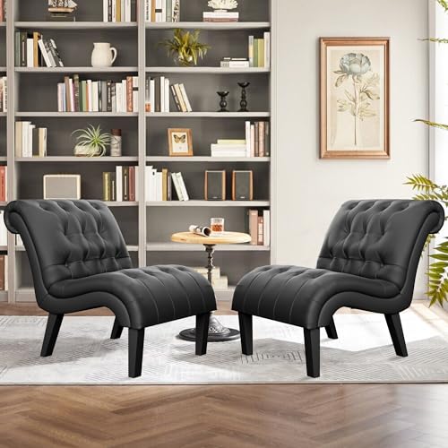 Black Faux Leather Accent Chair Modern Button Tufted Upholstered Armless Chair for Bedroom Living Room with Wood Legs - color: Black Pu, size: 1 Chair