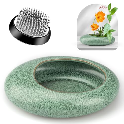 Ikebana Flower Frog Vase Set, 1.57in Stainless Steel Florist Frog for Arrangements and Ceramic Water Drop Pot, Elegant Ikebana Flower Holder for Cut Flowers, Floral Decor Kit(Green Small Size) - color: Green, size: Small Size