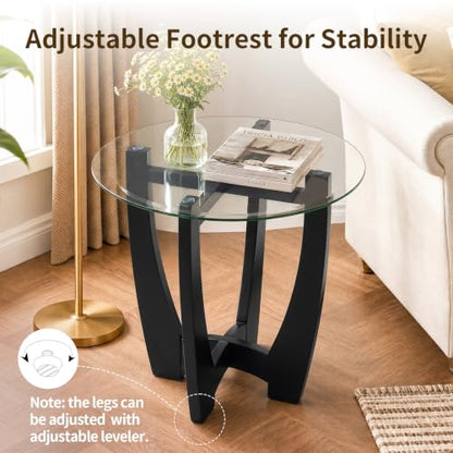 Glass End Table, 23.5" Round Side Tables with Tempered Glass Top Cross and Solid Wood Base Small Night Stand for Living Room Office Apartment Black - color: D-2, size: Round