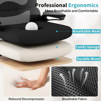 Ergonomic Office Chair,Mesh Office Chair with Lumbar Support,High Back Desk Chair with Flip-up Arms,400 lbs Big and Tall Computer Chair with Headrest,Comfy Desk Chairs - color: Deep Black
