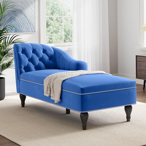 JIVOIT Velvet Upholstered Sofa Chaise Loungers, 58" Chaise Lounge with Nailhead Trim and Solid Wood Legs, Button Tufted Right Arm Facing Lounge Chair for Living Room, Sleeper Lounge Sofa - color: Blue-velvet