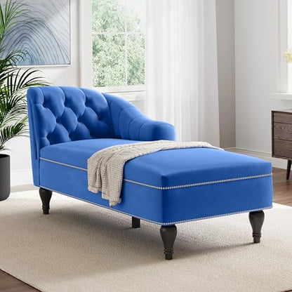 JIVOIT Velvet Upholstered Sofa Chaise Loungers, 58" Chaise Lounge with Nailhead Trim and Solid Wood Legs, Button Tufted Right Arm Facing Lounge Chair for Living Room, Sleeper Lounge Sofa - color: Blue-velvet