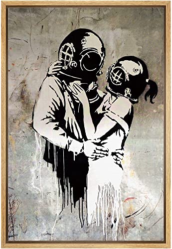 wall26 Framed Canvas Print Wall Art Banksy British Artist Deep Sea Diver Lovers Spray Paint Graffiti & Street Art Urban Illustration Modern Art Boho for Living Room, Bedroom, Office - 16"x24" Natural - color: A12-2204-ma0511, size: 24"L x 16"W