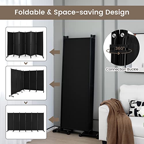 NAFORT 6 Panel Folding Room Divider for Room Separation, Freestanding Privacy Screen with Lockable Universal Wheels, Fabric Wall Partition Screen for Living Room, Bedroom, Office, Black - color: Black