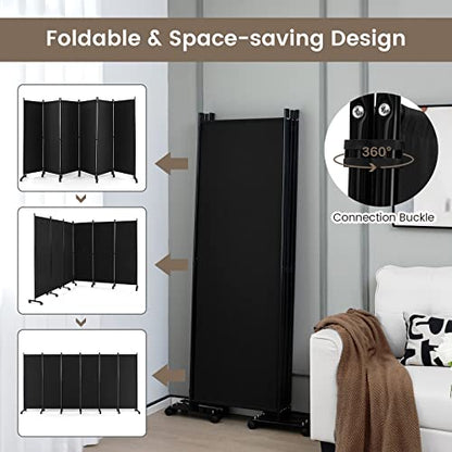 NAFORT 6 Panel Folding Room Divider for Room Separation, Freestanding Privacy Screen with Lockable Universal Wheels, Fabric Wall Partition Screen for Living Room, Bedroom, Office, Black - color: Black