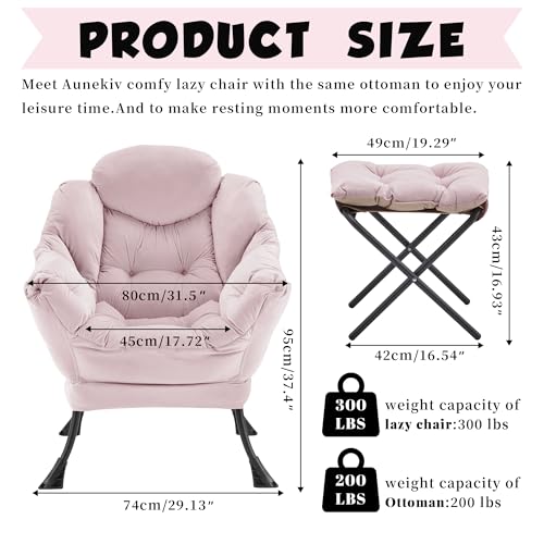 Lazy Chair with Ottoman, Comfy Reading Chair, Pink | Cushioned Seat with Foldable Ottoman and Side Pocket, Lounge Chair for Bedroom, Living Room, Dorm and Small Spaces - color: Light Pink