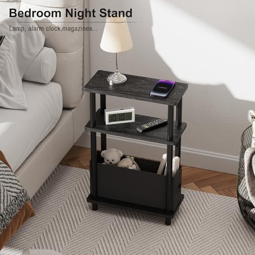 Apicizon Narrow Side Table with Fabric Basket, 3-Tier End Table, Black | Sofa Side Table, Wood Storage Shelf, Slim Nightstand, Skinny Bedside Table for Narrow Spaces, Living Room, Bedroom - color: Black, style: Narrow Side Table with Basket