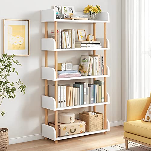 5-Tier Wooden Open Bookcase, Warm White | Modern Display Bookshelf with Top Edge, Solid Wood Frame, Home and Office Storage - color: Warm White, size: 5-tier