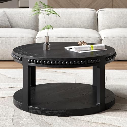 Round Wood Coffee Table, Farmhouse Rustic Circle Coffee Tables, 2-Tier Solid Wood Coffee Table for Living Room Apartment Office-31.5'' Black - color: 2tier-black Wood, size: 31.5''Round