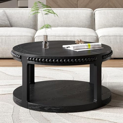 Round Wood Coffee Table, Farmhouse Rustic Circle Coffee Tables, 2-Tier Solid Wood Coffee Table for Living Room Apartment Office-31.5'' Black - color: 2tier-black Wood, size: 31.5''Round
